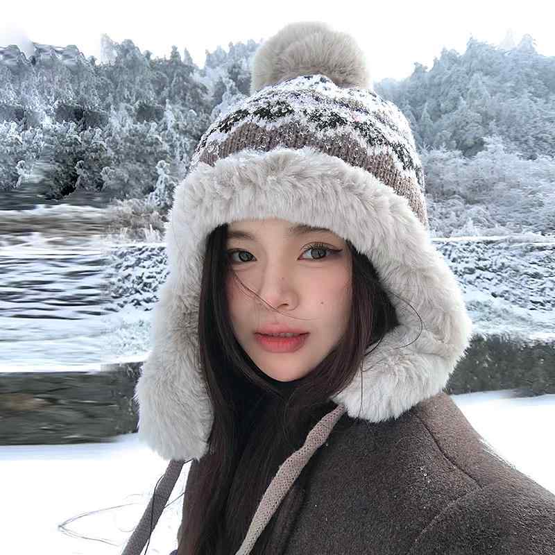 帽子 冬 耳当て付き レディース 暖かい 厚手 裏ボア ニット帽 ジャカード柄 アクリル フリーサイズ 防..