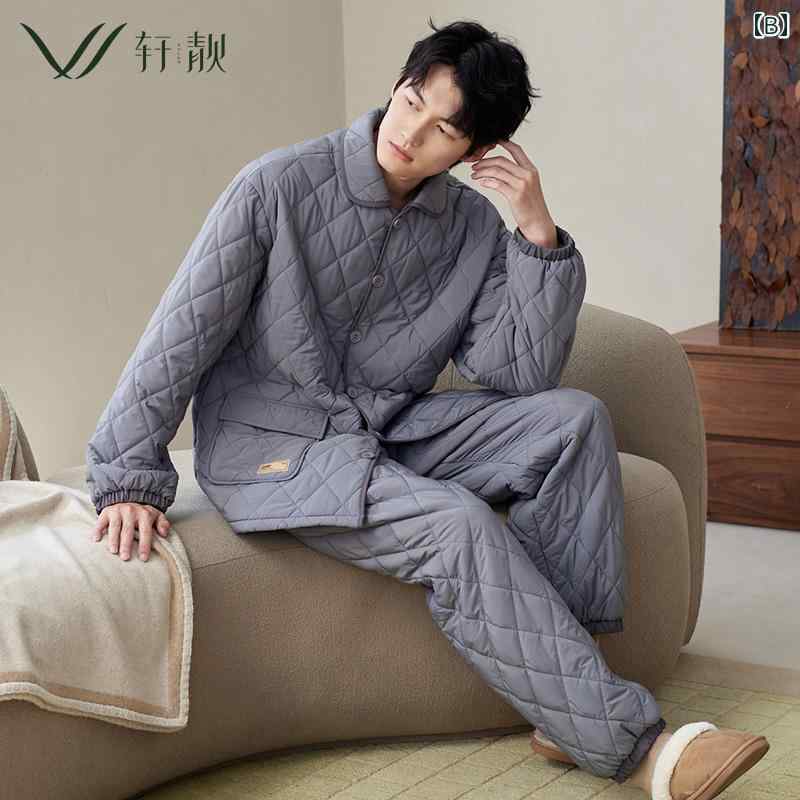 パジャマ レディース 長袖 暖かい 厚手 ルームウェア 上下セット 襟付き 前開き ポケット ウエストゴム 快適 柔らかい キルティング 3層 静電気防止 防水 防風 リビング 寝室 白 グレー 大きいサイズ メンズ カップル