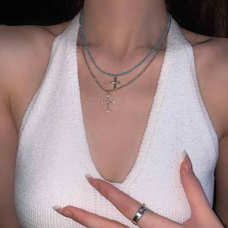 Rhodolite - ネックレス レディース アクセサリー クロス ビーズ 細め フレンチ 甘辛 おしゃれ パーティー ベージュ 青 2点セット プレゼント