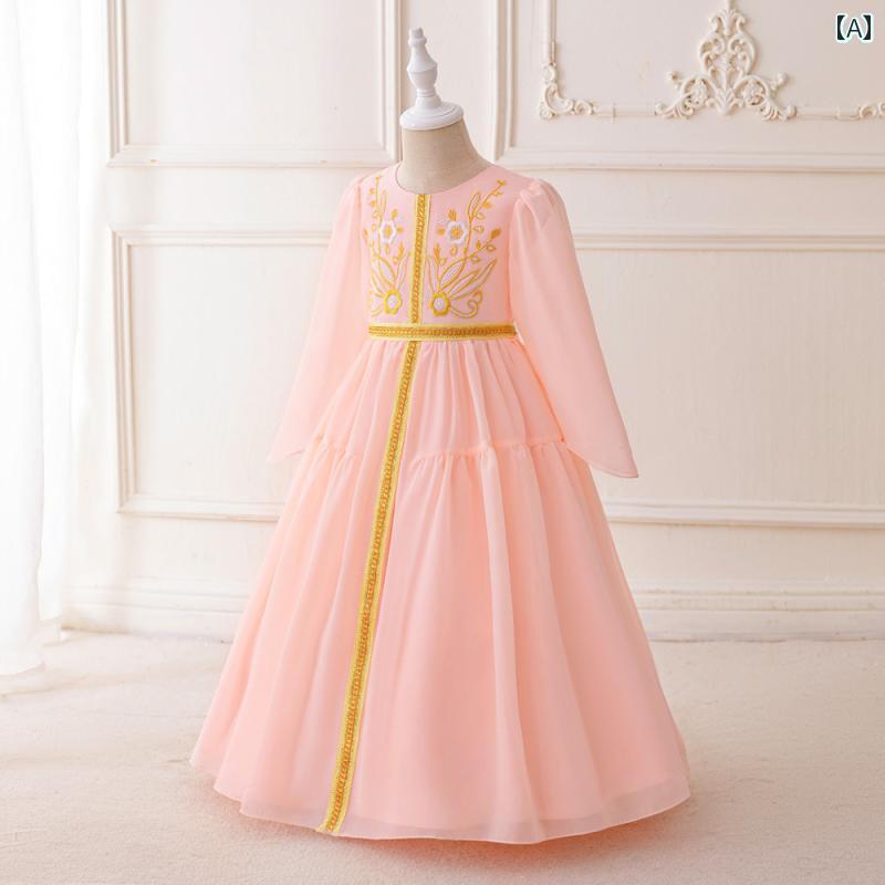 子供 ドレス プリンセス リゾート 衣装 トルコ ドバイ 春夏 エスニック ふんわり 柔らかい 長袖 撮影 刺繍 ラウンドネック 花 リボン 結び ピンク ロング