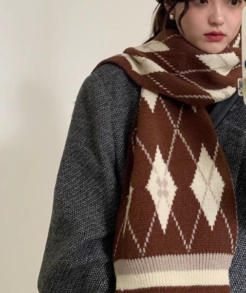 マフラー カップル お揃い レディース メンズ 春秋冬 暖かい 防寒 防風 厚手 保温性 柔らかい ウール 通学 普段使い 旅行 韓国 カジュアル ダイヤ柄 茶色 紫 カーキ(4)