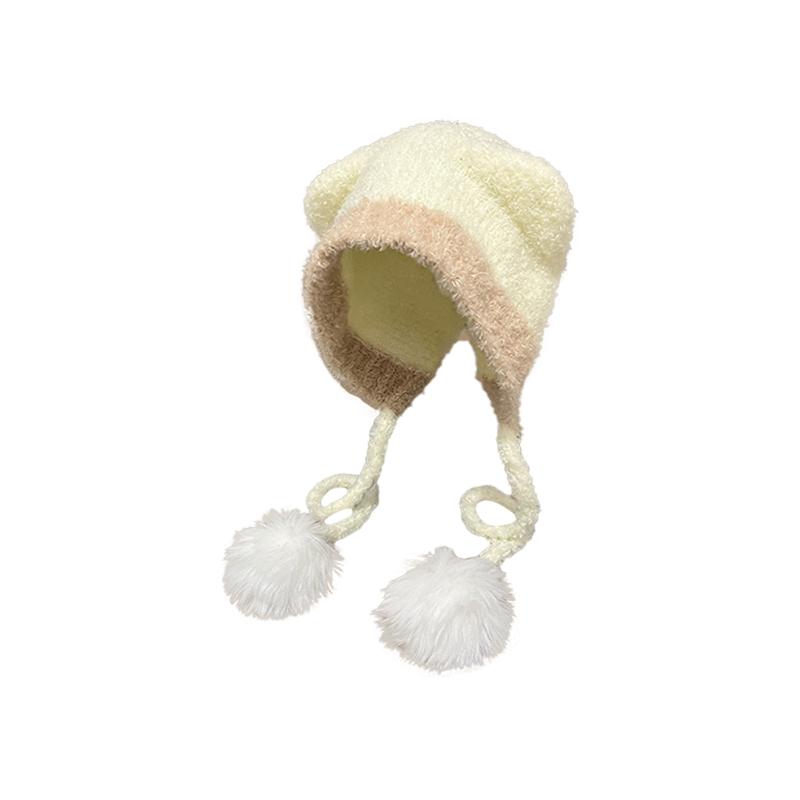 Knit Hat - 帽子 レディース 冬 オシャレ テディーベア風 耳付き 柔らかい ウール ニット帽 韓国 防寒 伸縮性 フリーサイズ ポンポン アウトドア 白 アイボリー 茶