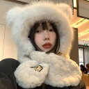 帽子 マフラー 一体 冬 レディース 暖かい ふわふわ 厚手 くま 耳付き ネックウォーマー 韓国 小顔効果 保温 防寒 アウトドア 自転車 かわいい カーキ ベージュ