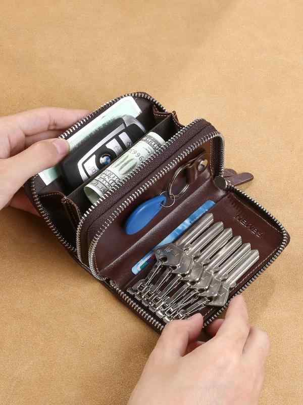 キーケース メンズ おしゃれ 男性 紳士 ホルダー 牛革 レザー 収納 縦型 鍵 保護 免許証 カード お札 小銭 ポケット レトロ 茶色 カーキ 黒 無地 ロゴ 多機能 大容量 シンプル