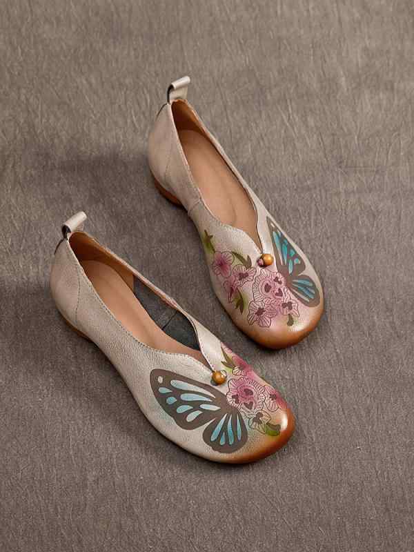 パンプス おしゃれ レトロ 婦人 靴 エスニック フラワー 牛革 ラウンドトゥ ローヒール 浅口 シングル シューズ 快適 大人 歩きやすい