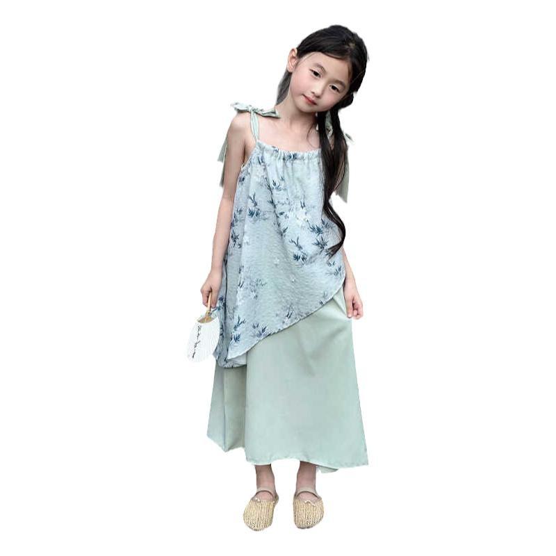 ワンピース 女の子 子供 キッズ 衣装 写真 撮影 スカート 夏 中国風 アシンメトリー キャミソール 紐 リボン プリント 柄 カジュアル 普段使い レジャー お出かけ おしゃれ 緑