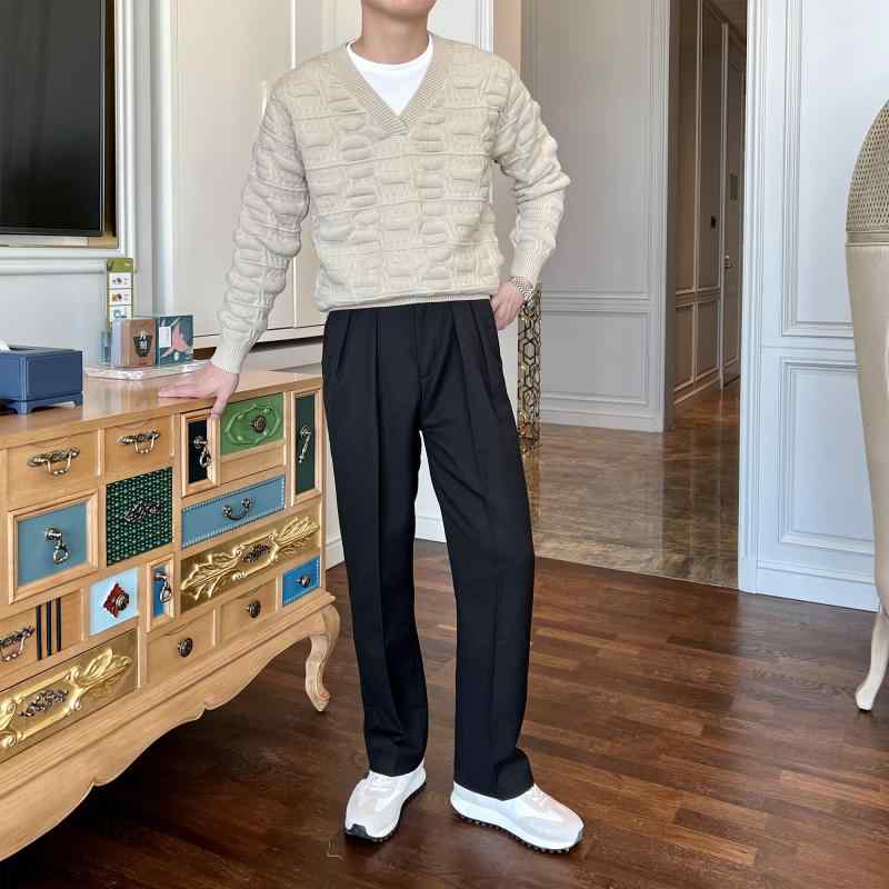 Vネック ニット セーター メンズ 厚手 ジャカード 長袖 トップス ゆったり 上品 イギリス風 カジュアル..