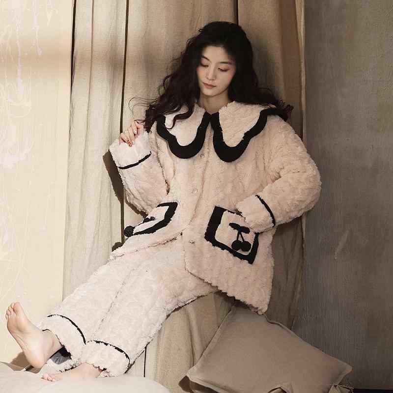 ルームウェア 秋冬 レディース 大きいサイズ ゆったり 上下セット 襟 シングルブレスト ボタン ポケット ウエストゴム 厚手 三層 綿 暖かい もこもこ さくらんぼ フリル かわいい