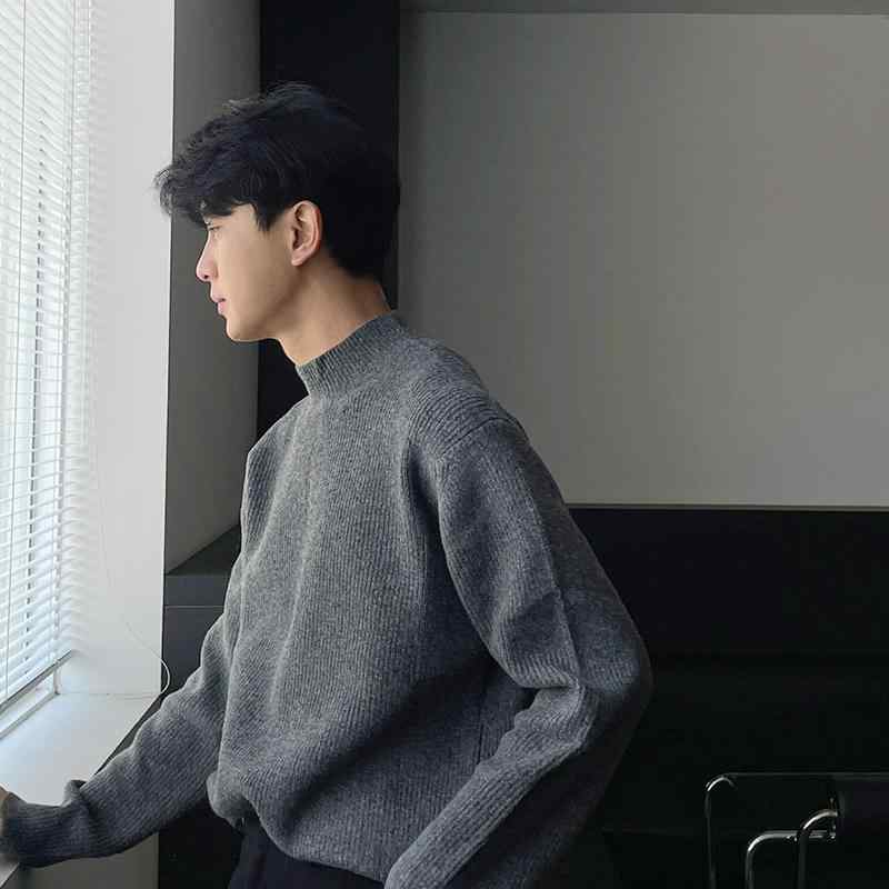 セーター メンズ ハイネック 春秋 ニット トップス 長袖 暖かい インナー ゆったり 無地 韓国 カジュアル シンプル おしゃれ グレー 黒 アイボリー