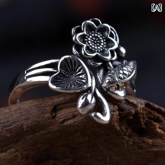 指輪 レディース おしゃれ エスニック アクセサリー オープンリング シルバー S925 お守り 普段使い ヴィンテージ風 連年有余 花 銀