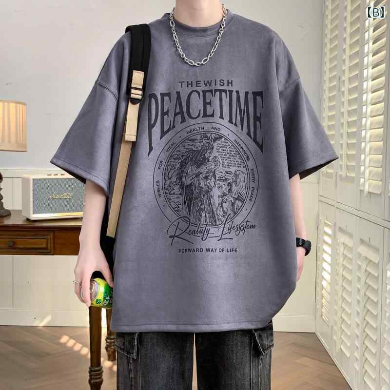 メンズ カジュアル ウメ 紫 スエード ライク 半袖 Tシャツ 夏 ストリート ハイストリート ヒップホップ オーバーサイズ 3