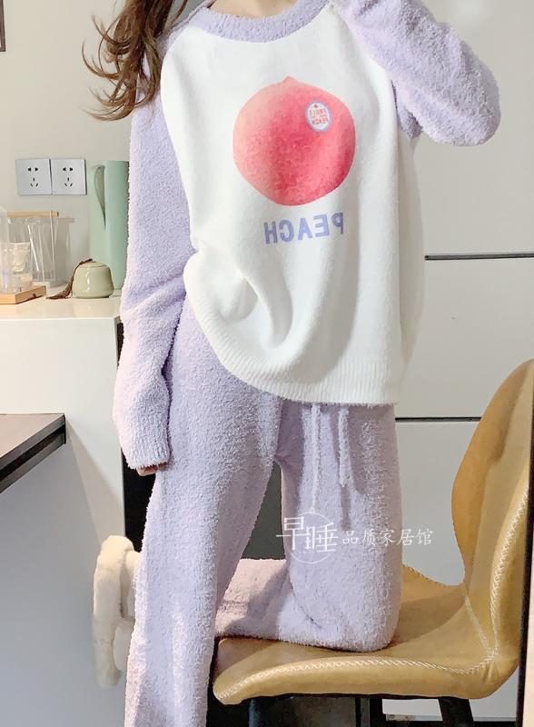 ルームウェア レディース 冬 もこもこ 柔らかい パジャマ 秋 ラグランスリーブ ニット セーター 暖かい 厚手 ラウンドネック プルオーバー ウエストゴム 長袖 パンツ フリース 紫 桃 かわいい 上下セット トップス ボア