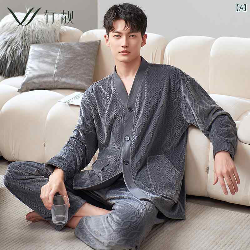パジャマ メンズ 冬 大きいサイズ ゆったり 上下セット Vネック 長袖 シングルブレスト ボタン ポケット 厚手 暖かい 保温 裏起毛 フランネル おしゃれ グレー コーヒー色 黒