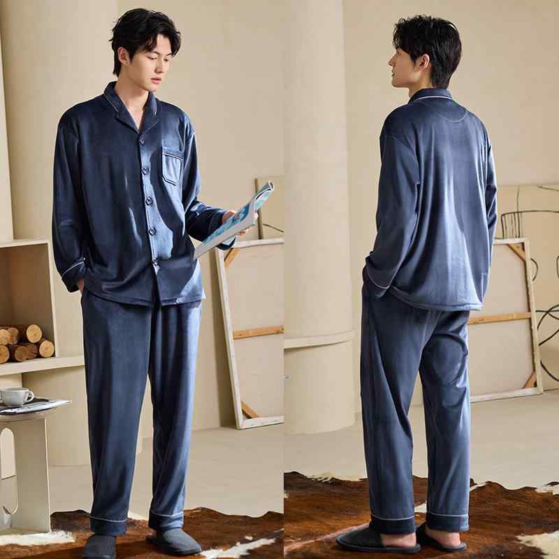 パジャマ メンズ 大きいサイズ ゆったり 春秋 上下セット 長袖 襟 シングルブレスト ボタン ポケット フリース 保温 厚手 暖かい シンプル 無地 青 黒 グレー