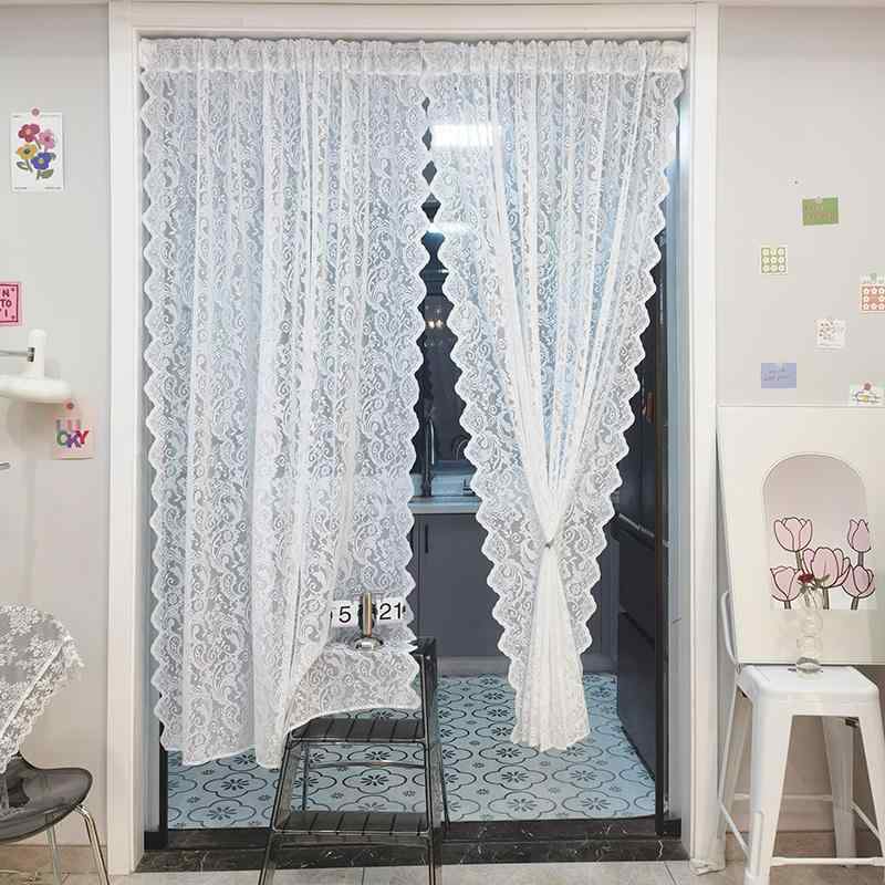 カフェ カーテン レース かわいい 白 波型 ハーフ フレンチ ショート ドア キッチン 寝室 パーテーション 穴あけ不要 柔らかい 刺繍 シアー