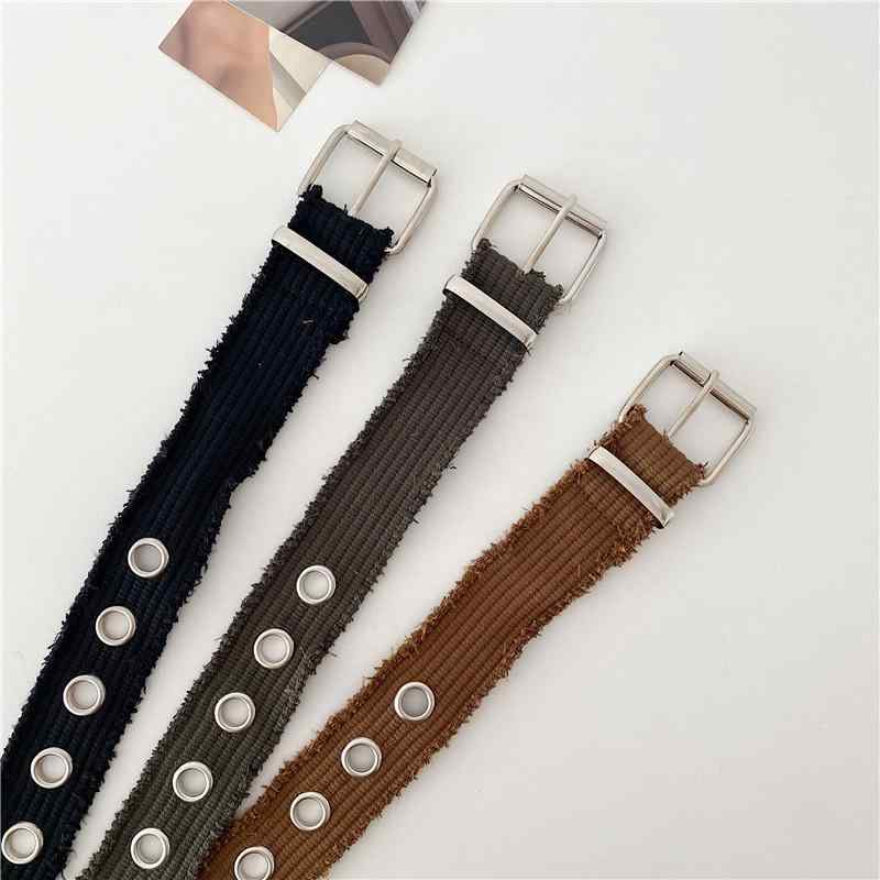 ベルト レディース ジーンズ おしゃれ 太め キャンバス ダメージ加工 合金 ピンバックル 装飾 ユニセックス デニムパンツ カジュアル 黒 カーキ