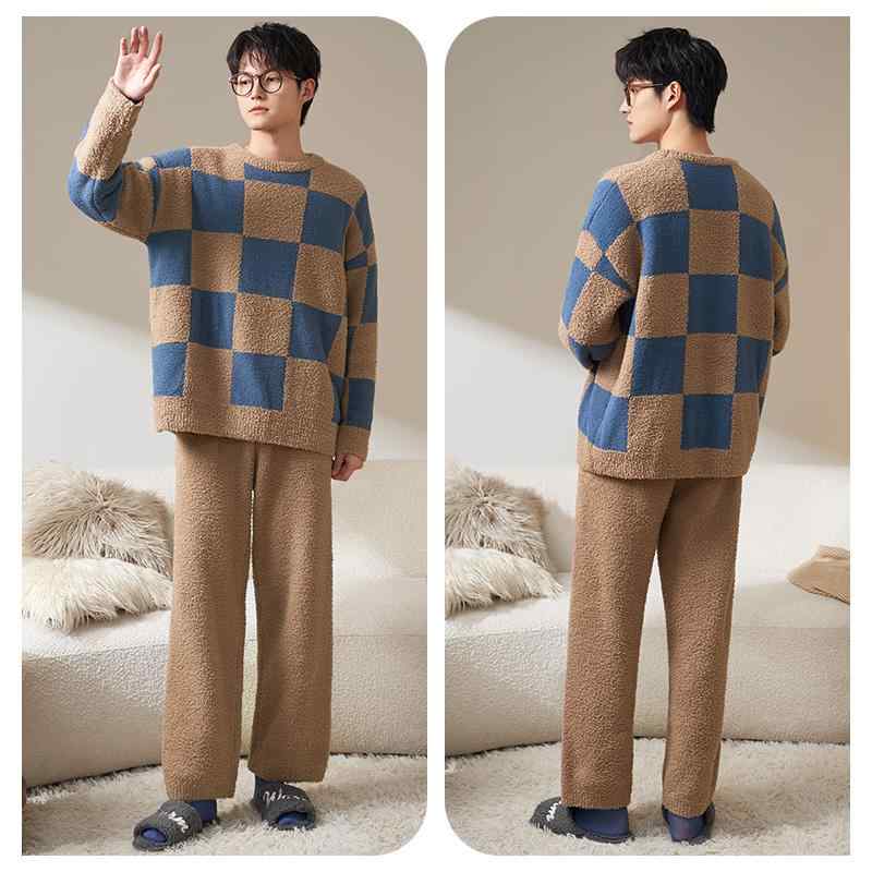 パジャマ メンズ 大きいサイズ ゆったり 長袖 上下セット ラウンドネック プルオーバー カーディガン シングルブレスト ボタン ポケット もこもこ 秋冬 暖かい 厚手 フリース シンプル チェック柄 無地 コーヒー色 グレー 青