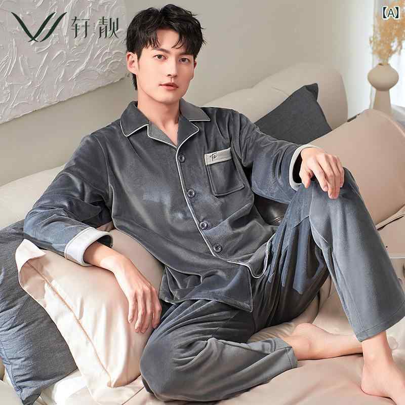 パジャマ メンズ 大きいサイズ ゆったり 長袖 上下セット 春秋 襟 シングルブレスト ボタン ポケット ウエストゴム 厚手 暖かい ふわふわ フリース シンプル 無地 刺繡 グレー 青