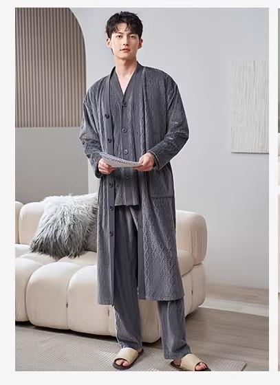 パジャマ メンズ 大きいサイズ ゆったり 春秋 長袖 セット Vネック シングルブレスト ボタン ポケット ウエストゴム ロングカーディガン 厚手 フリース 暖かい ふわふわ おしゃれ グレー コーヒー色