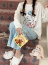 ルームウェア パジャマ レディース 大人 かわいい 韓国 起毛 厚手 暖かい 部屋着 上下 セットアップ 長袖 ロングパンツ プルオーバー ウエストゴム ラウンドネック ゆったり 柔らかい ガーリー 甘い ビションフリーゼ 犬 プリント 青 黄色 白(4)