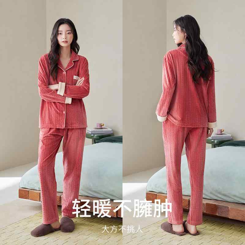 レディース パジャマ 冬 暖かい 厚手 ルームウェア 上下セット フリース 襟 前開き 赤 ピンク 紫 長袖 ウエストゴムステッチ装飾 伸縮性 快適 帯電防止 ボタン ポケット 高密度(4.0)