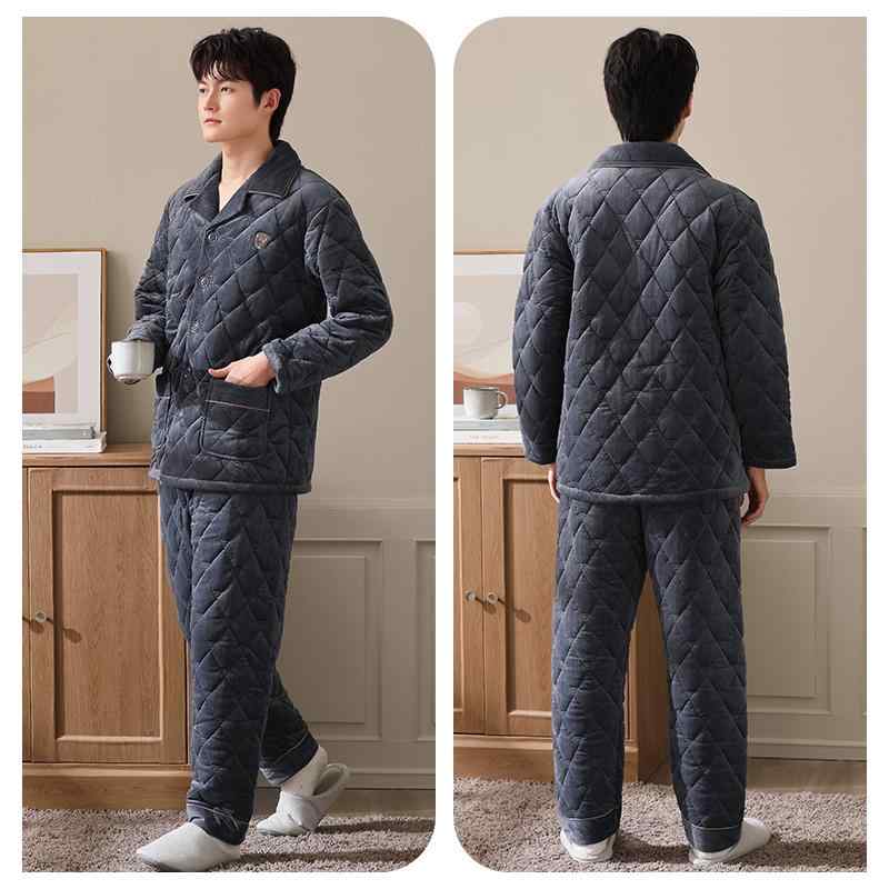 パジャマ メンズ 大きいサイズ ゆったり 上下セット 長袖 襟 シングルブレスト ボタン ポケット 厚手 暖かい 三層 中綿 フリース 冬 シンプル グレー 緑