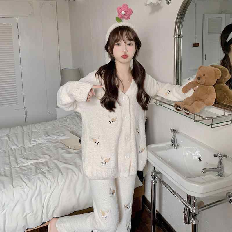 ルームウェア パジャマ レディース メンズ 冬 かわいい もこもこ ふわふわ フリース フランネル 厚手 暖かい 部屋着 上下 セット 前開き ウエストゴム 長袖 ズボン ボタン Vネック ゆったり 柔らかい 快適 旅行 お泊り お揃い カップル 犬