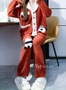 ルームウェア パジャマ レディース 秋冬 かわいい もこもこ ふわふわ フリース 起毛 厚手 暖かい 部屋着 上下 セット 前開き ウエストゴム 長袖 ロングパンツ ボタン Vネック ポケット ゆったり 柔らかい 快適 旅行 お泊り 甘い パンダ 赤