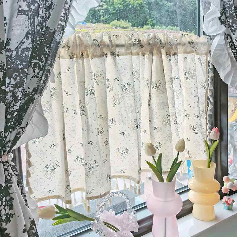 カフェ カーテン レース かわいい 出窓 ハーフ 寝室 キッチン ショート パーテーション ドア 柔らかい 小花柄 青 タッセル 遮光 シアー ナチュラル