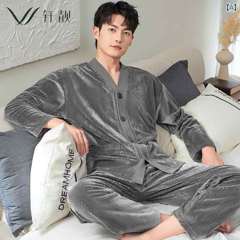 パジャマ メンズ 大きいサイズ ゆったり 長袖 上下セット シングルブレスト ボタン ポケット Vネック ウエストゴム ふわふわ 暖かい 厚手 春秋 シンプル グレー