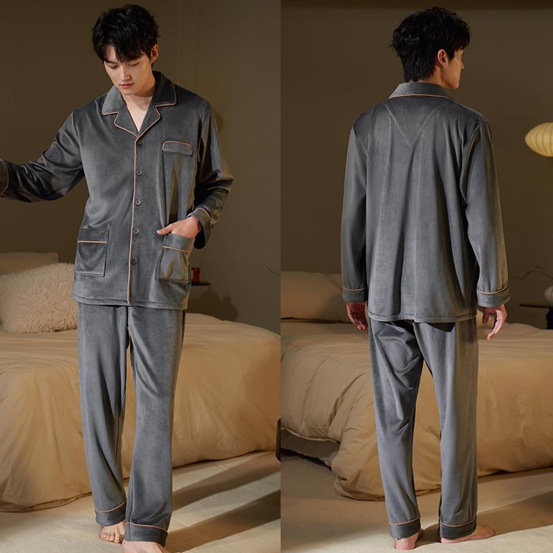 パジャマ メンズ 大きいサイズ ゆったり 長袖 上下セット 襟 シングルブレスト ボタン ポケット 秋冬 暖かい 厚手 フリース ふわふわ シンプル 無地 グレー ベージュ