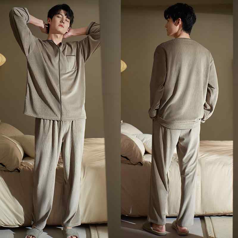 パジャマ メンズ 大きいサイズ ゆったり 長袖 上下セット プルオーバー シングルブレスト ボタン ポケット ウエストゴム 秋冬 厚手 暖かい フリース フランネル シンプル グレー 黒 緑