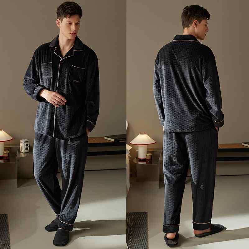 パジャマ メンズ 大きいサイズ ゆったり 長袖 上下セット 襟 シングルブレスト ボタン ポケット ウエストゴム 冬 厚手 暖かい ふわふわ フリース 刺繡 英文字 黒 緑 グレー