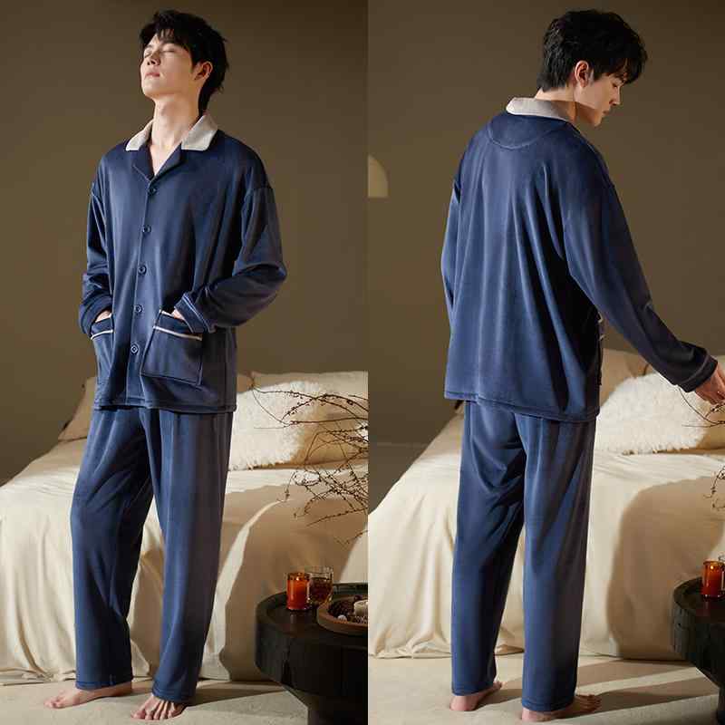 パジャマ メンズ 大きいサイズ ゆったり 長袖 上下セット 襟 シングルブレスト ボタン ポケット ウエストゴム ふわふわ 暖かい 厚手 秋冬 フリース シンプル 無地 青 緑 グレー