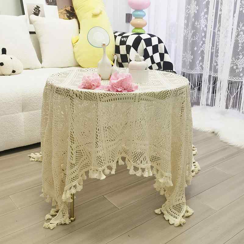 テーブルクロス おしゃれ 北欧 綿 レース 編み タッセル レトロ フレンチ カバー 小さめ 柔らかい シアー 刺繍 カフェ キャビネット 四角 ベージュ