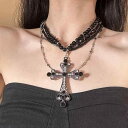ネックレス レディース ゴシック ダーク 大ぶり クロス 多層 ビーズ 個性的 鎖骨 チェーン ロック ステージ イベント かっこいい ギフト アクセサリー