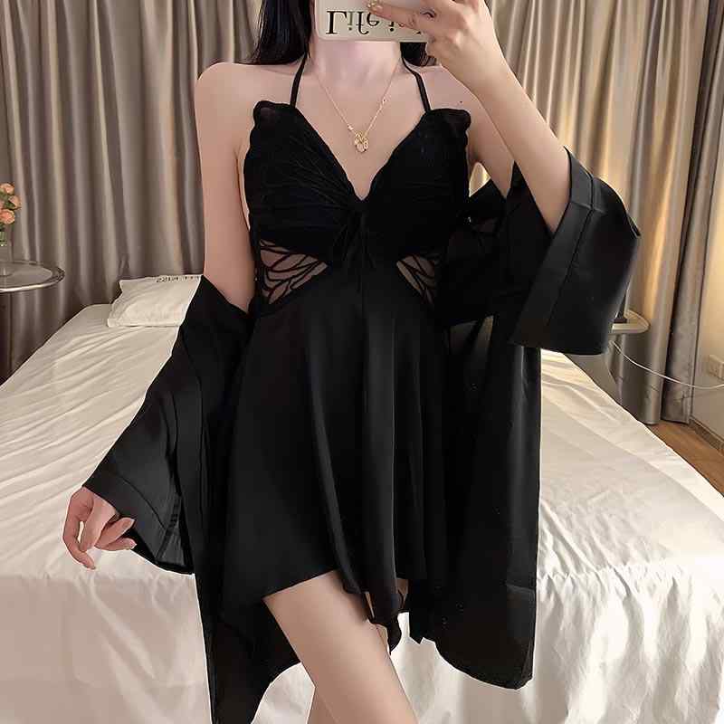 セクシー ネグリジェ 透け ナイト ベビードール ランジェリー 女性 パジャマ 夏 涼しい クール 快適 キャミソール ガウン 胸パッド ギャザー 透明 レース 蝶 ガウン