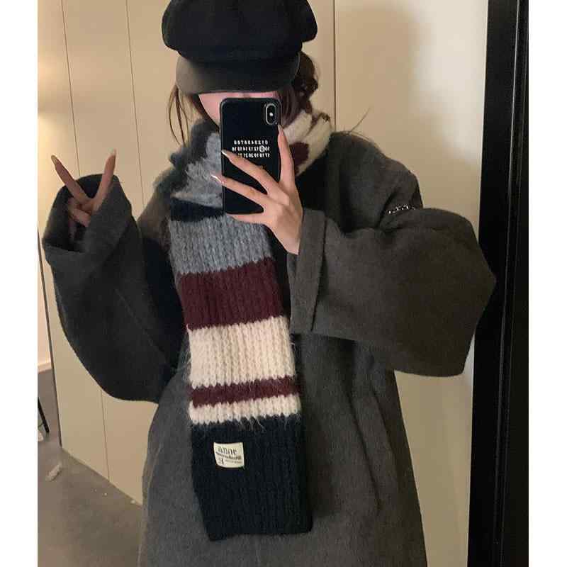 レディース マフラー 韓国 普段使い 外出用 ウール ニット 秋冬 暖かい 防寒 厚手 風よけ 袋 ストライプ タグ おしゃれ カジュアル