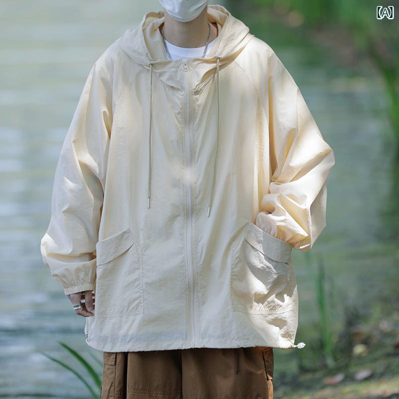 ウィンドブレーカー メンズ レディース 大きいサイズ ゆったり アウトドア スポーツ 軽量 通気性 薄手 日焼け防止 ひんやり 涼しい ジッパー フード ポケット カジュアル アプリコット オレンジ