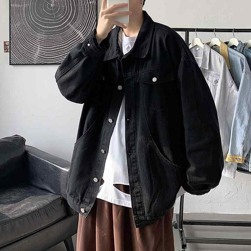 デニムジャケット メンズ 大きいサイズ ゆったり 韓国 レトロ 襟 シングルブレスト ボタン ポケット 秋 普段使い 外出用 カジュアル シンプル 黒 ベージュ デニムジャケット メンズ 大きいサイズ ゆったり 韓国 レトロ 襟 シングルブレスト ボタン ポケット 秋 普段使い 外出用 カジュアル シンプル 黒 ベージュ
