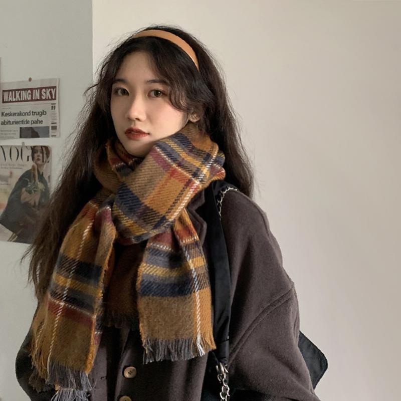 レディース マフラー 韓国 普段使い 外出用 ロング 大きめ 防寒 保温 暖かい 風よけ 冬 厚手 フリンジ 茶 チェック柄 おしゃれ