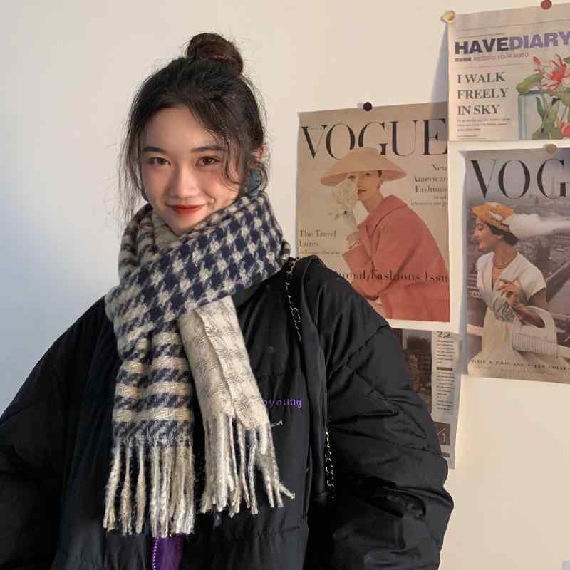 レディース マフラー メンズ 韓国 普段使い 外出用 暖かい 防寒 保温 風よけ 大きめ フリンジ 千鳥格子 カジュアル おしゃれ 紺