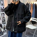 アウター メンズ 大きいサイズ ゆったり レトロ ジップアップ ボタン ポケット スタンドカラー春秋 アウトドア レジャー カジュアル 無地 シンプル 黒 カーキ