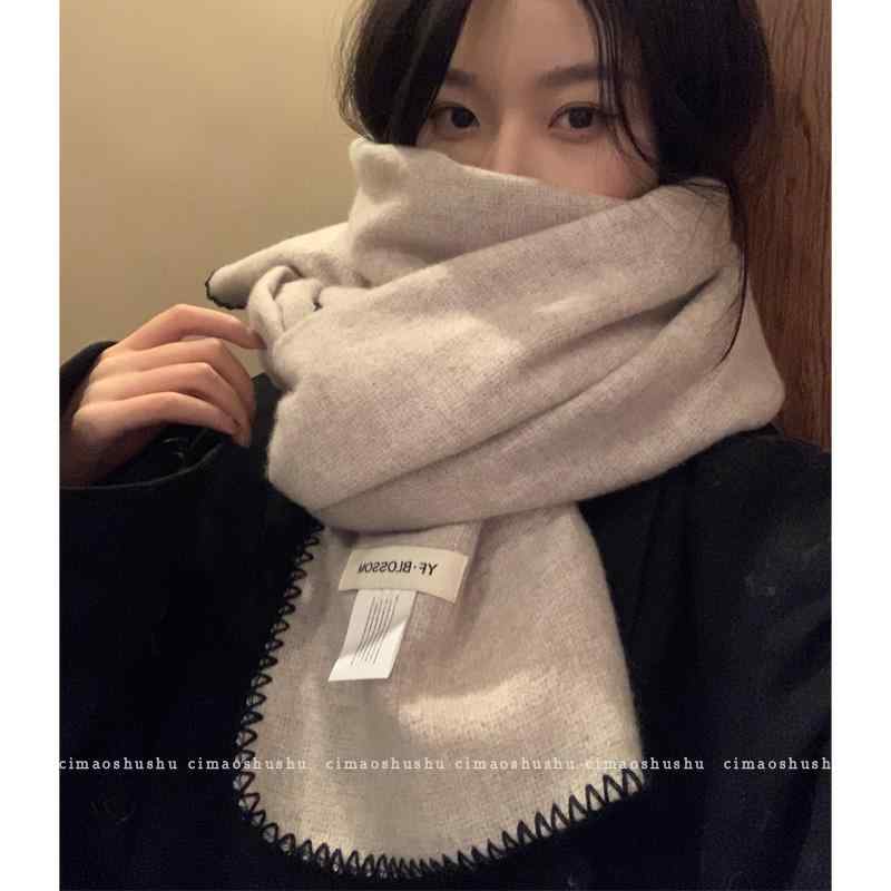 マフラー レディース かわいい 女性 婦人 ティーン 韓国 冬 厚手 暖かい 保温 ショール カジュアル 普段使い 通勤 通学 オフィス ギフト グレー カーキ 無地 ステッチ シンプル