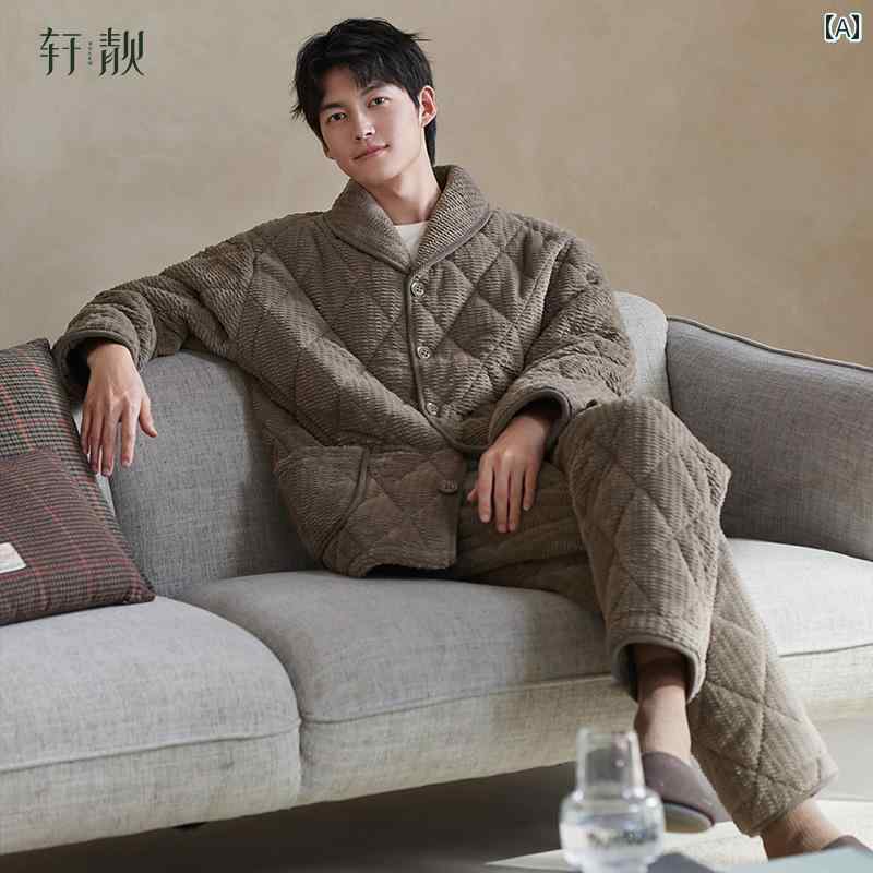 パジャマ メンズ 冬用 上下セット 三層 厚手 暖かい 中綿 保温 フリース もこもこ ルームウェア 静電気防止 大きいサイズ 前開き ボタン ウエストゴム グレー 茶 黒