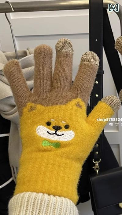 手袋 レディース 暖かい 韓国 秋冬 裏地 防寒 サイクリング かわいい カジュアル 猫 花柄 黄色 白 グレー フリーサイズ プレゼント 誕生日