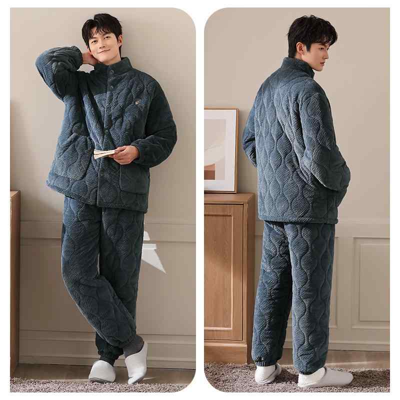 パジャマ メンズ 冬用 上下セット 暖かい 三層構造 厚手 保温 キルティング ルームウェア ハイネック 大きいサイズ 前開き ボタン ウエストゴム 静電気防止 青 茶 グレー
