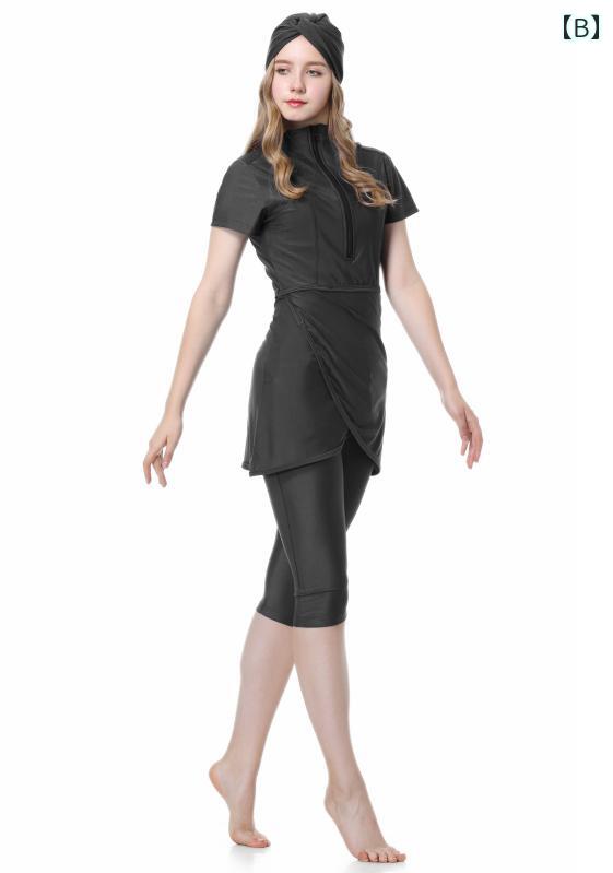 水着 レディース アラビア ブルキニ アラブ 夏 上下セット スイムキャップ 半袖 五分丈パンツ ハイネック ハーフジップ 胸パッド付 日焼け防止 大きいサイズ 無地 黒 紺