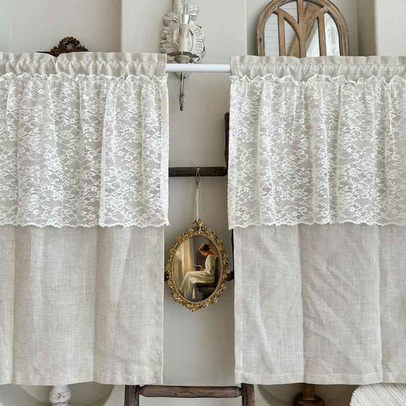 カフェカーテン おしゃれ レース 麻 レトロ ポール通し キッチン 洗面所 ドア 出窓 キャビネット 本棚 食器棚 防塵 遮光 目隠し インテリア 装飾 花柄 アメリカン カントリー