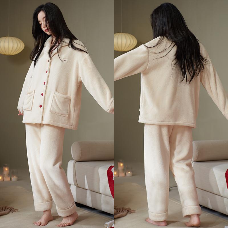 パジャマ レディース 冬 上下セット 起毛 暖かい 厚手 フリース フランネル ルームウェア 柔らかい 長袖 ポケット ボタン ウエストゴム 大きいサイズ 青 ピンク 赤